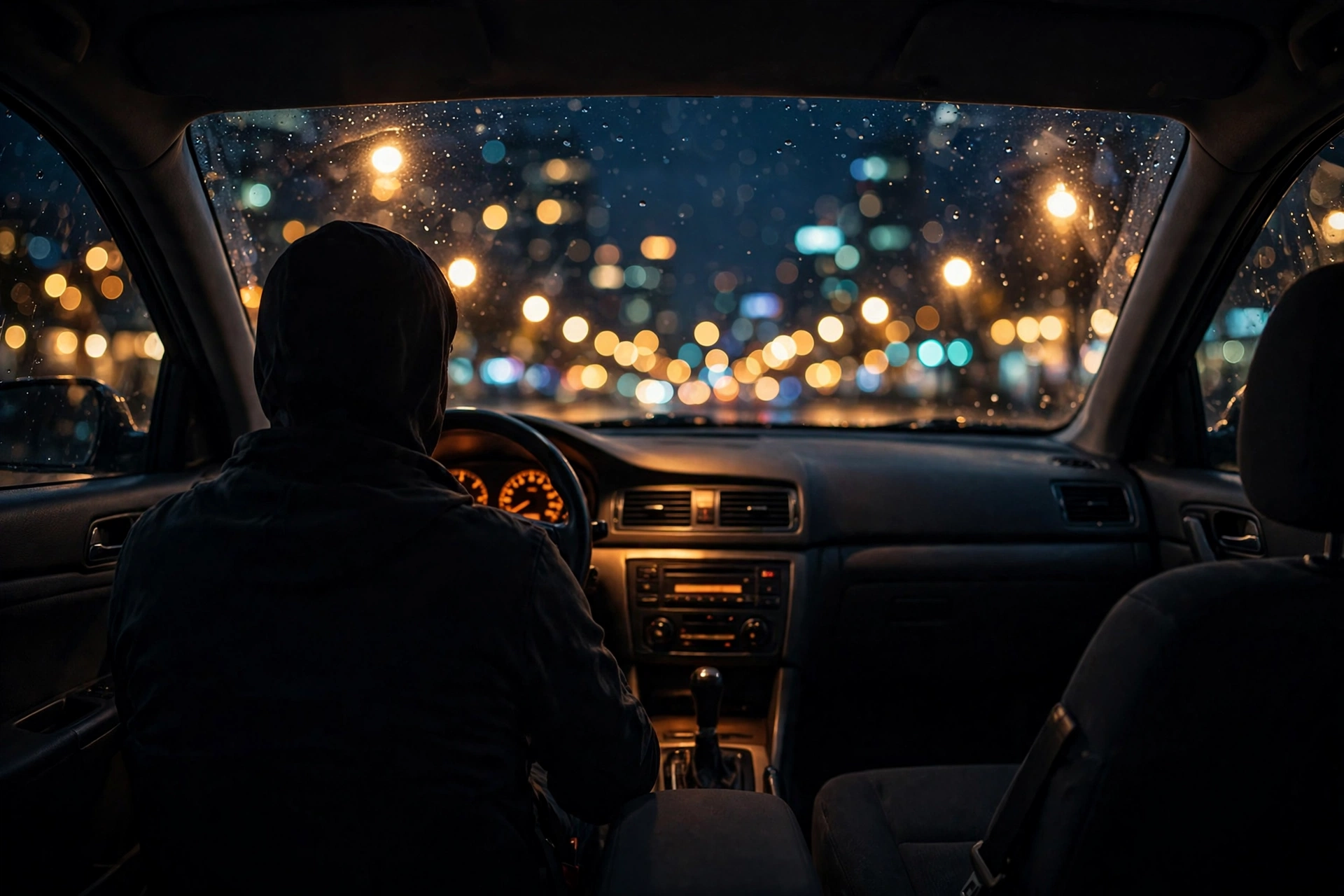 A rideshare driver at night, city lights through a rainy windshield